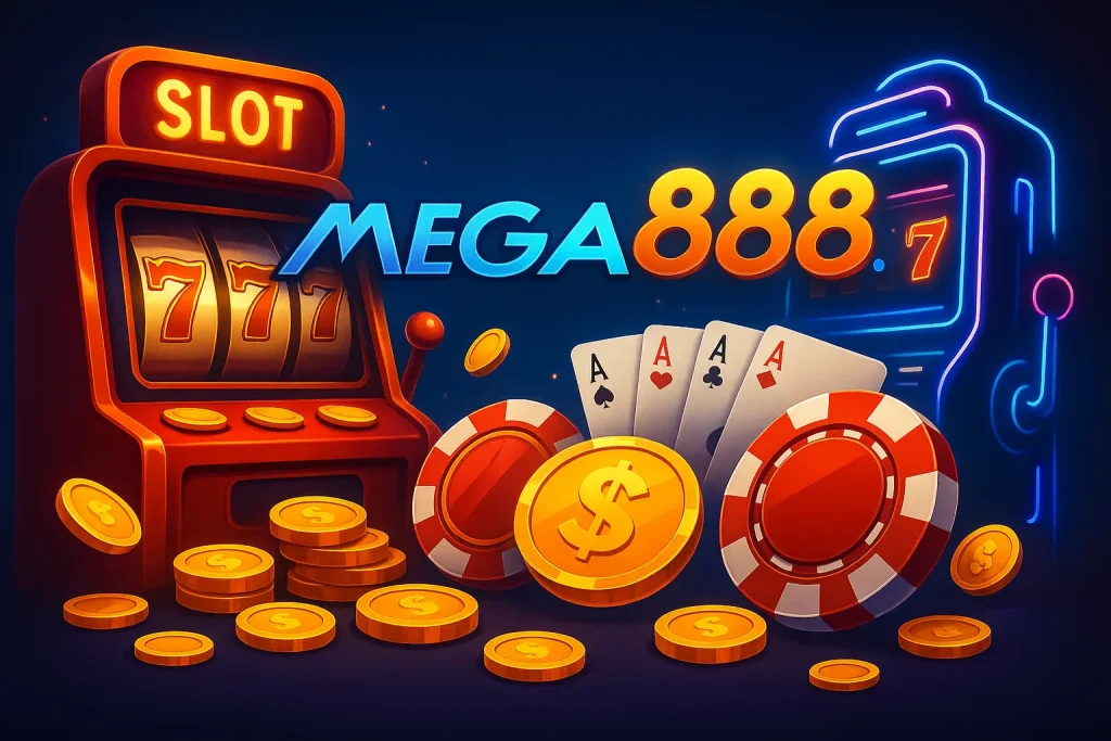  "Mega888 online slot game interface with vibrant neon lights, slot machine icons, and coins representing the excitement of online gaming in a casino environment
