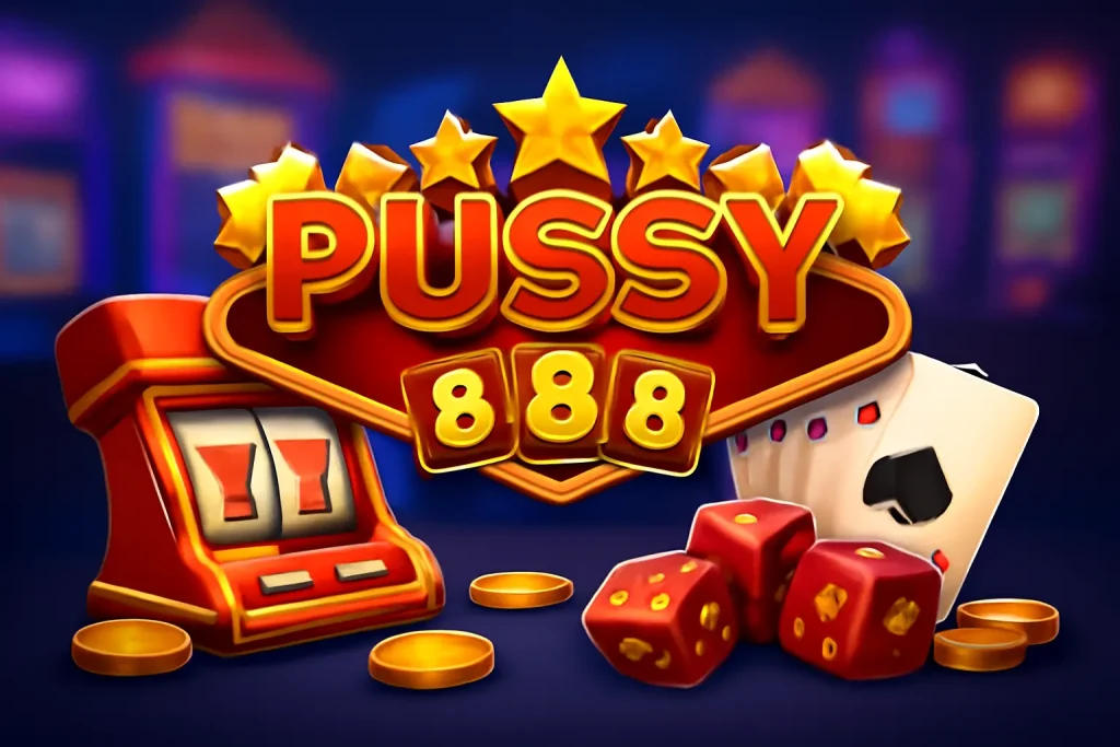 Pussy888 online slot game interface with vibrant neon lights, slot machine icons, and casino elements representing the excitement of online gaming in a dynamic casino atmosphere